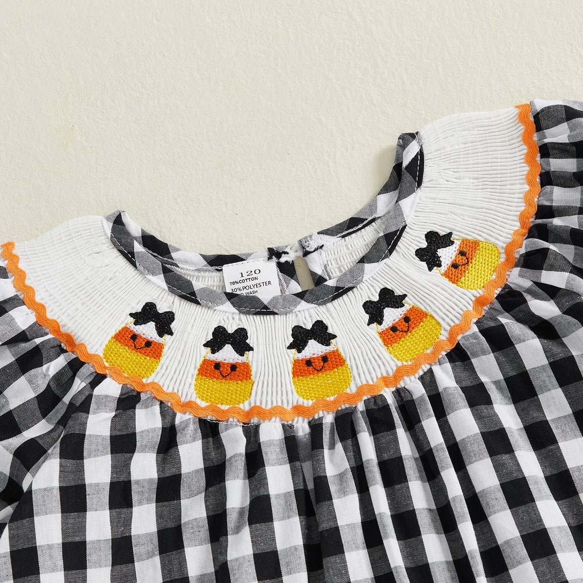 Halloween Plaid Dress with Candy Corn Embroidery