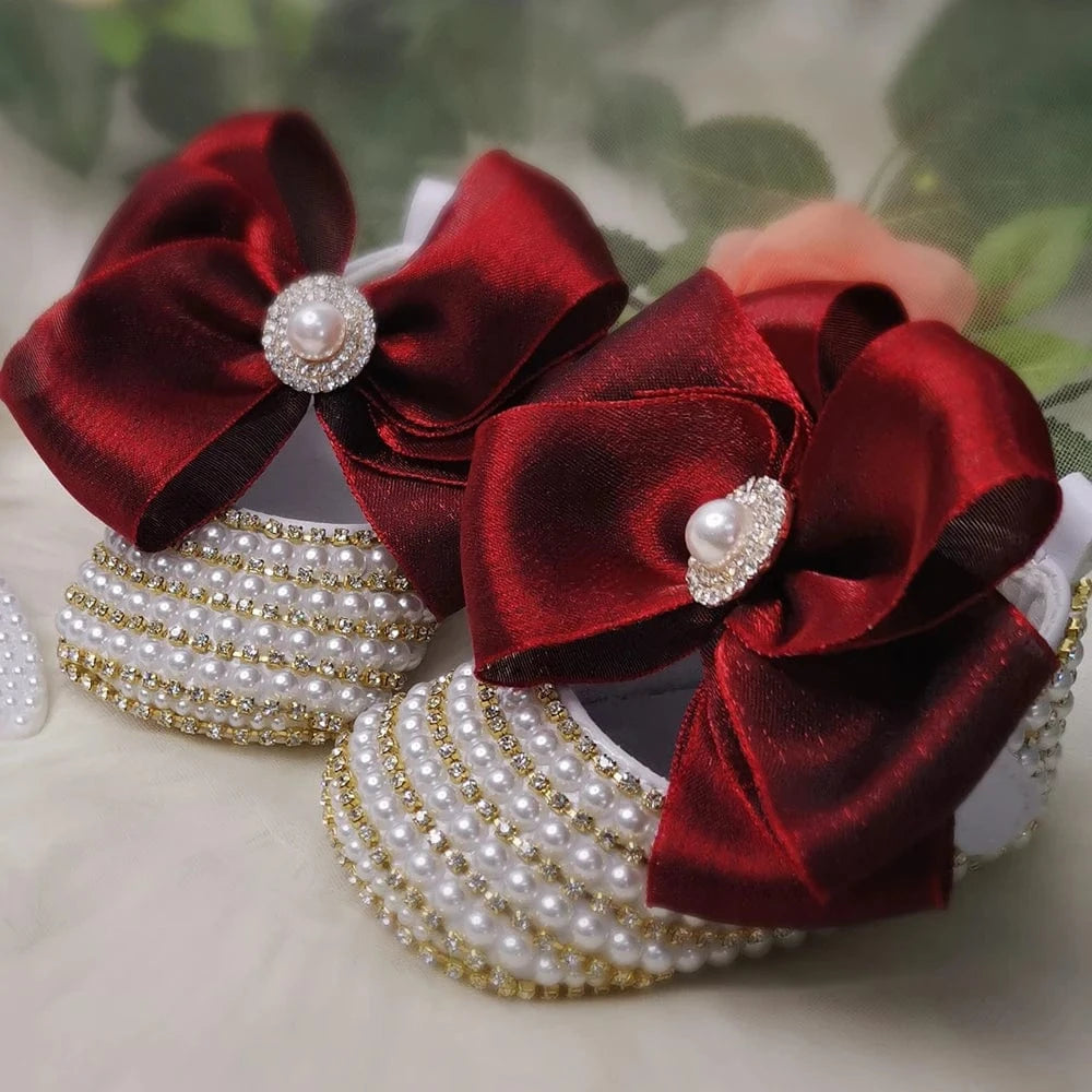 Red Rose Bow with Pearls / 0-6M Handmade Baby Girl Christening Shoes