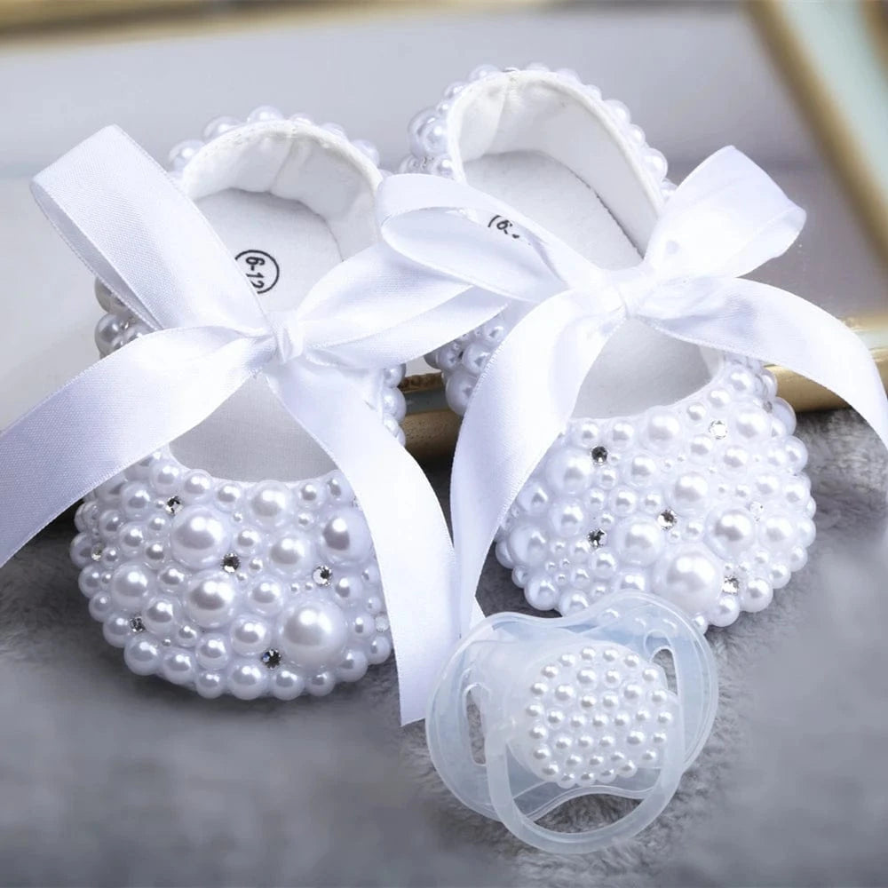 White Pearl Bow Shoes with Ribbon Tie / 0-6M Handmade Baby Girl Christening Shoes