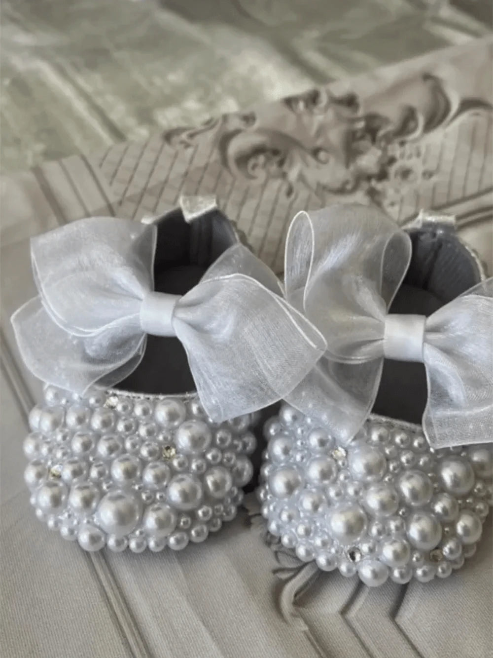 Crystal Beaded Shoes with Black Bow / 0-6M Handmade Baby Girl Christening Shoes