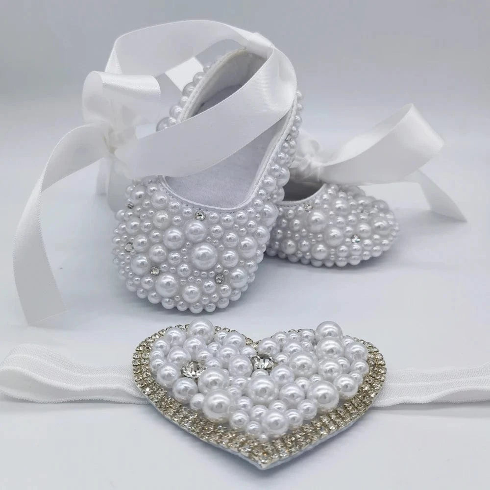White Pearl Heart Accent Shoes / 0-6M Handmade Baby Girl Christening Shoes