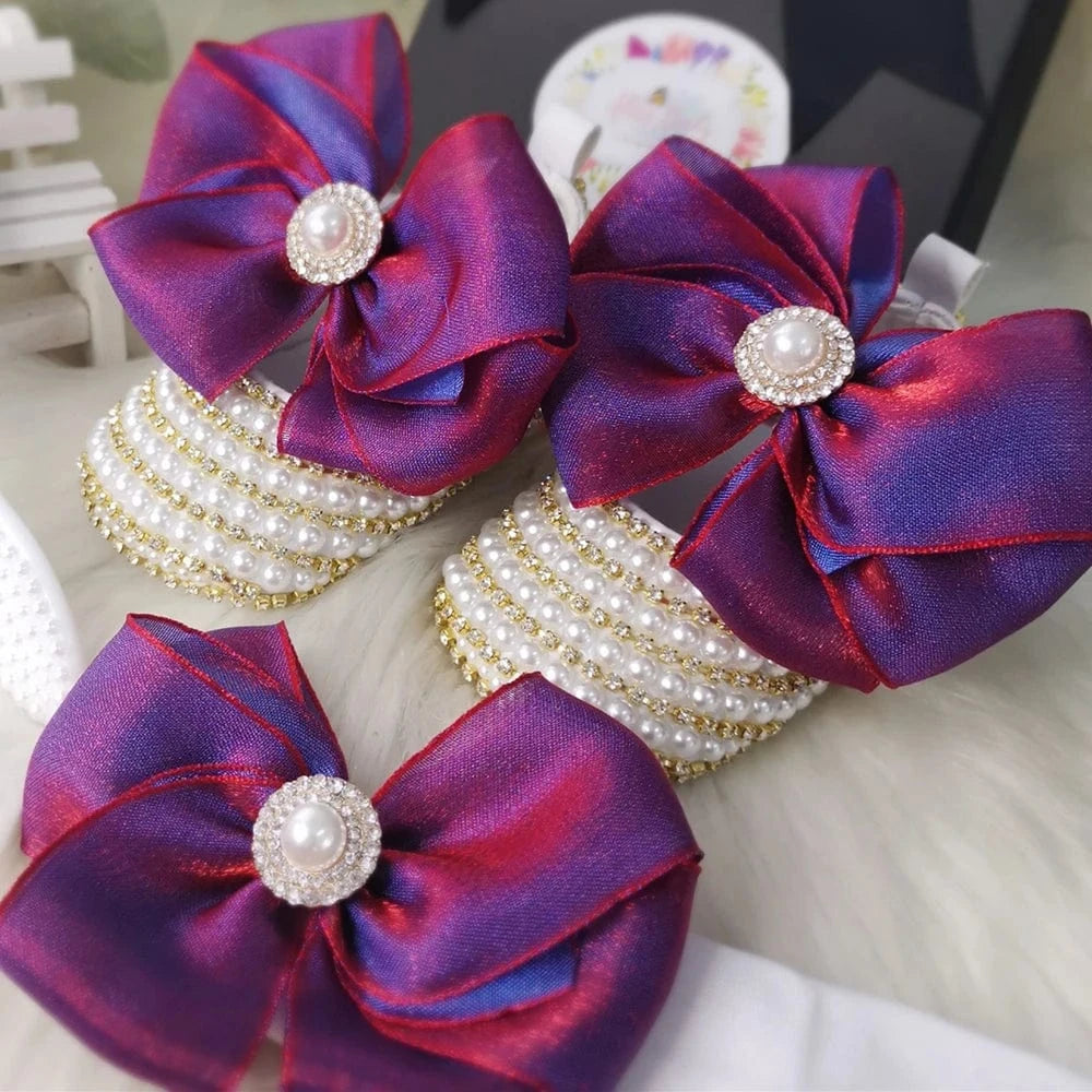 Purple Satin Bow with Pearls / 0-6M Handmade Baby Girl Christening Shoes