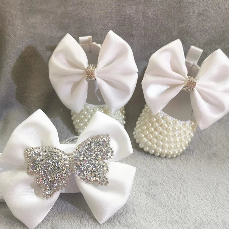 White Bow with Rhinestones Shoes / 0-6M Handmade Baby Girl Christening Shoes