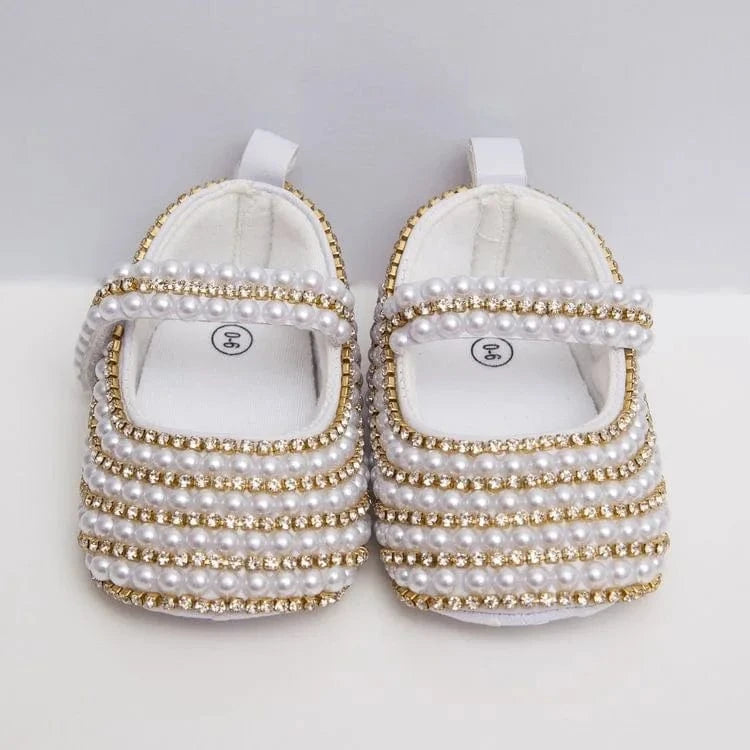 Gold Beaded Mary Jane Shoes / 0-6M Handmade Baby Girl Christening Shoes
