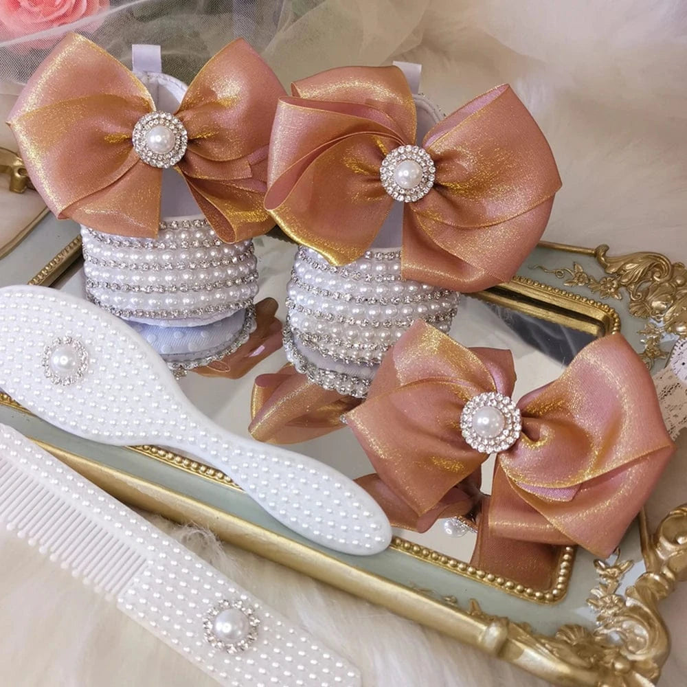 Champagne Gold Bow with Pearls / 0-6M Handmade Baby Girl Christening Shoes