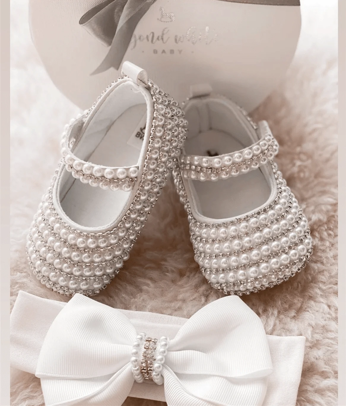 Pearl Beaded Shoes with White Bow / 0-6M Handmade Baby Girl Christening Shoes