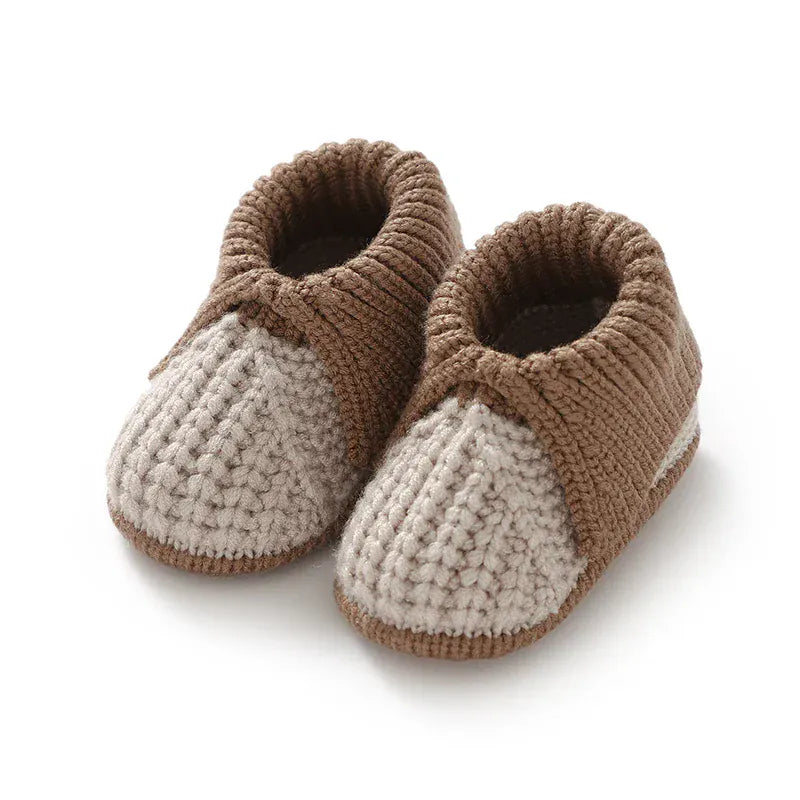 Dark Brown &amp; Beige / 3-6M Handmade Knitted Baby Booties