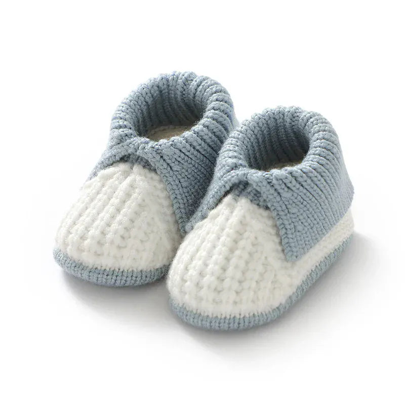 Blue &amp; Cream / 3-6M Handmade Knitted Baby Booties