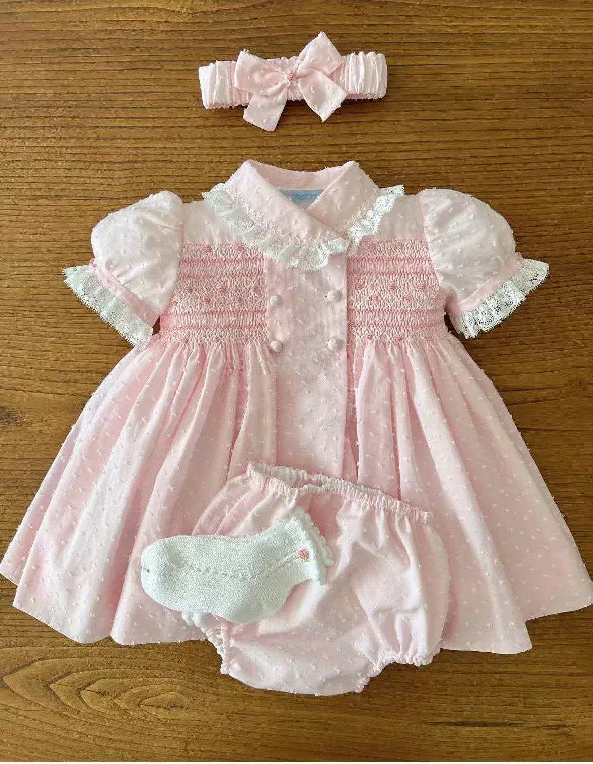 0-3M Handmade Pink Smocked Dress &amp; Bloomer Set