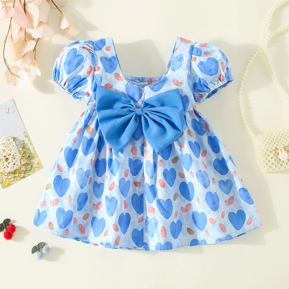 Blue / 9-12M Heart Print & Bow Summer Dress
