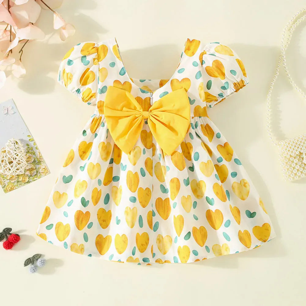 Yellow / 9-12M Heart Print & Bow Summer Dress