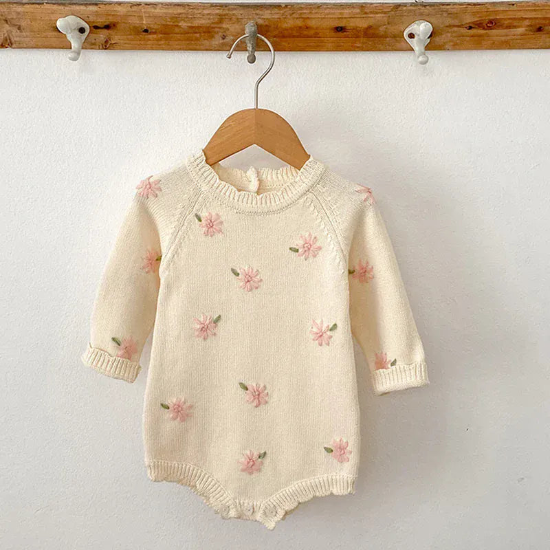 Beige / 3M In Full Bloom Floral Embroidered Knit Romper