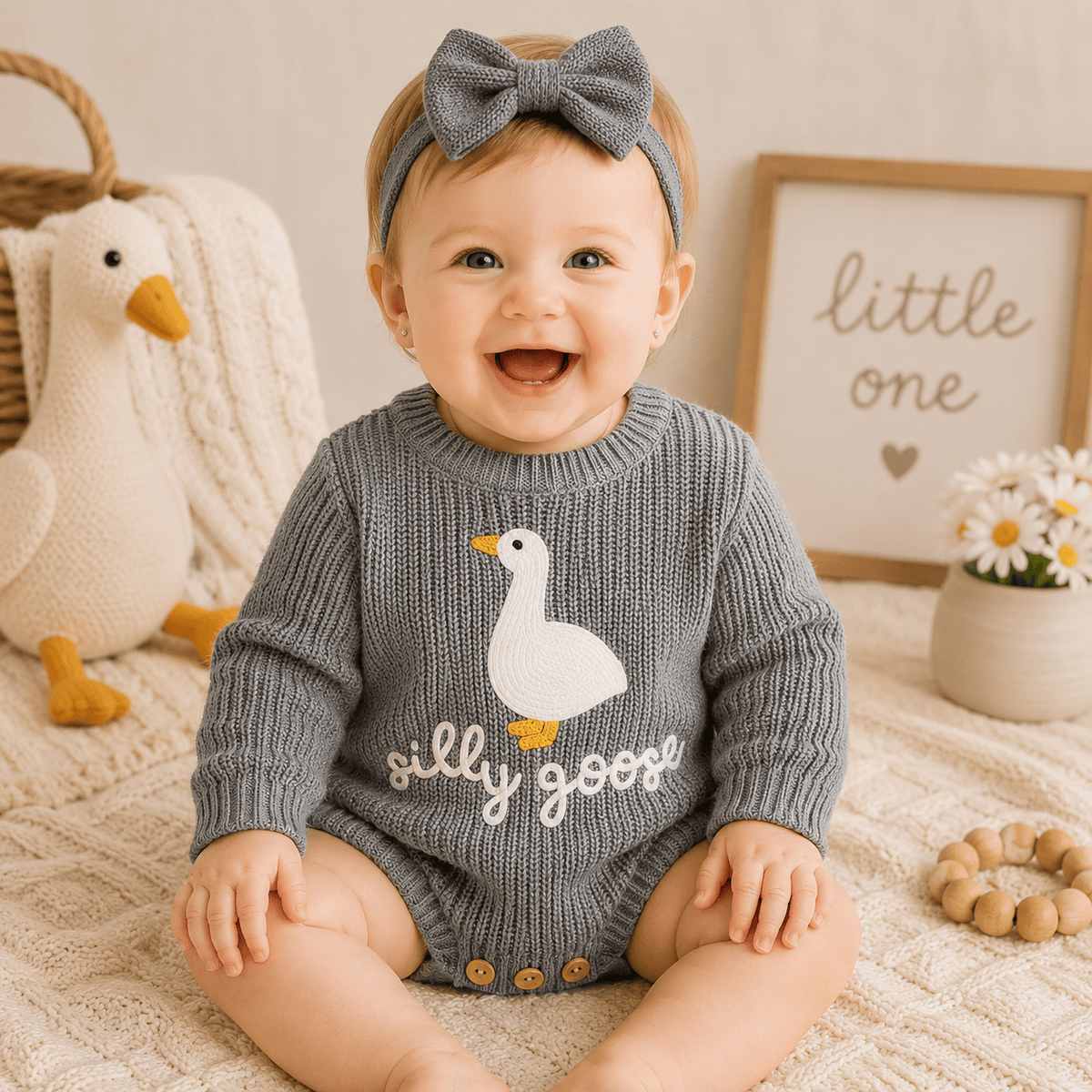Infant Baby Knitted Long Sleeve Goose Embroidery Romper Jumpsuit