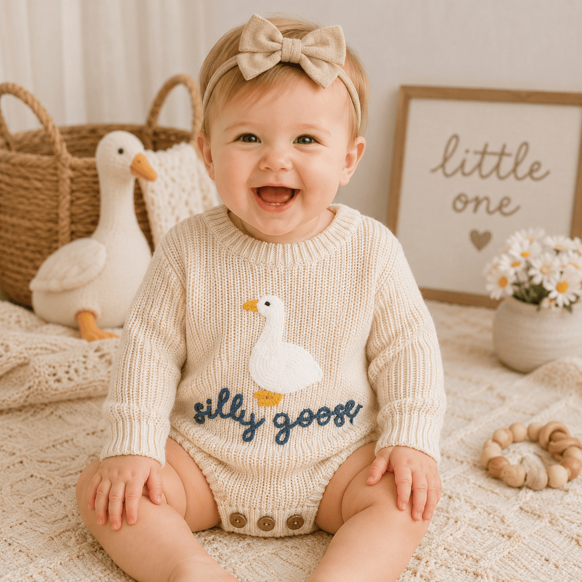 Infant Baby Knitted Long Sleeve Goose Embroidery Romper Jumpsuit