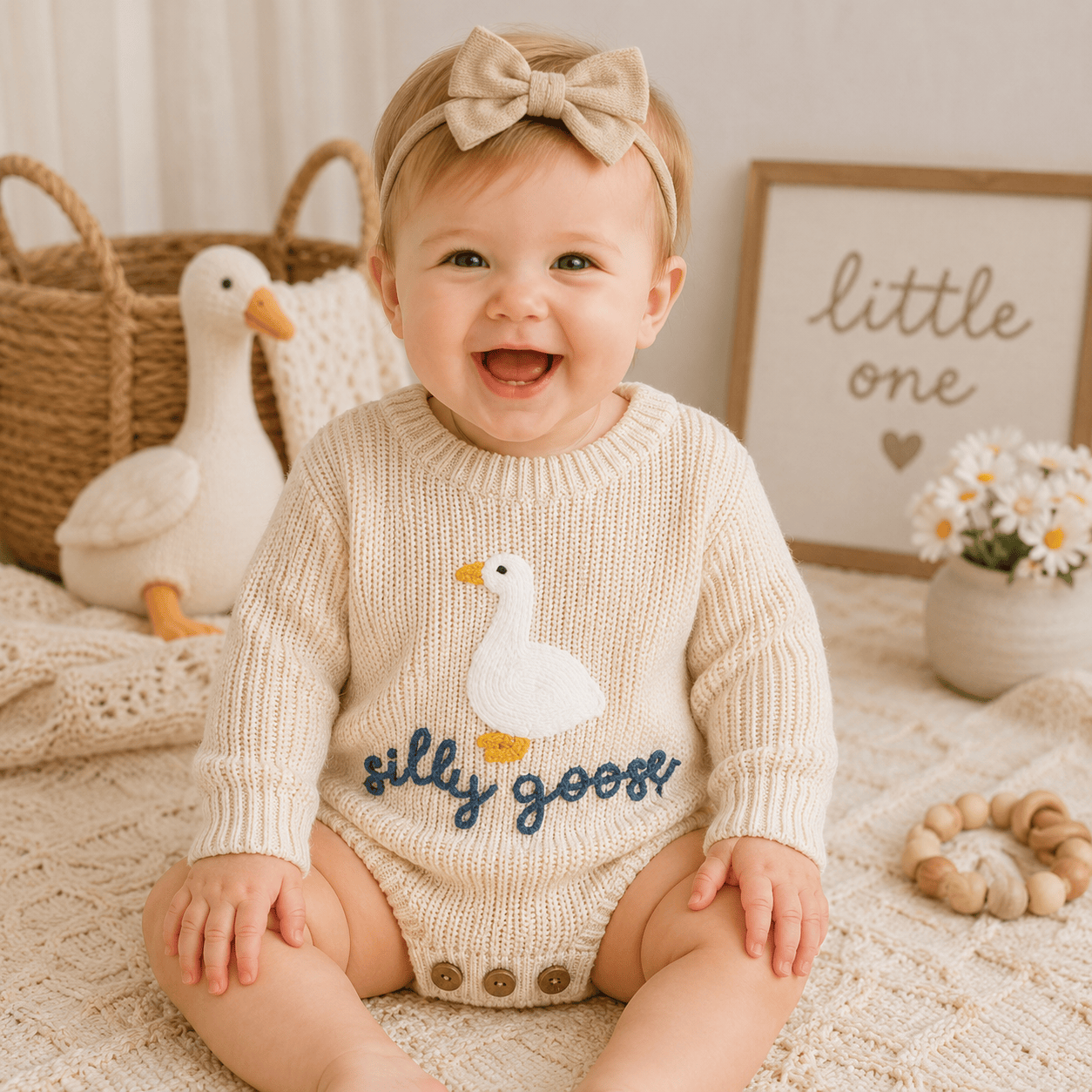 Infant Baby Knitted Long Sleeve Goose Embroidery Romper Jumpsuit