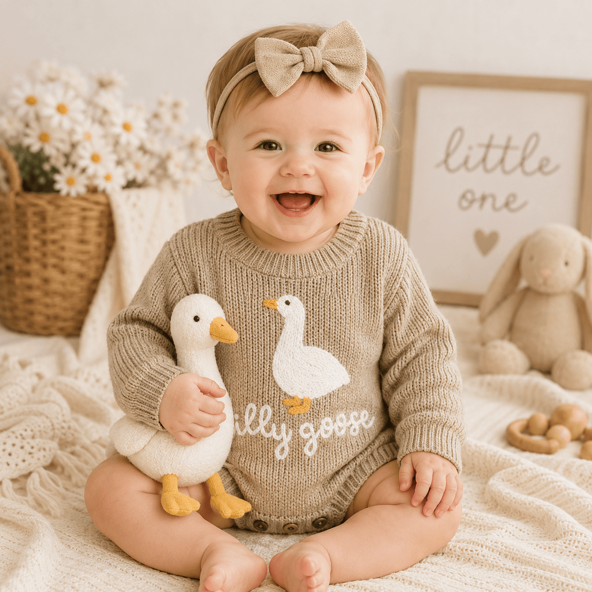 Infant Baby Knitted Long Sleeve Goose Embroidery Romper Jumpsuit
