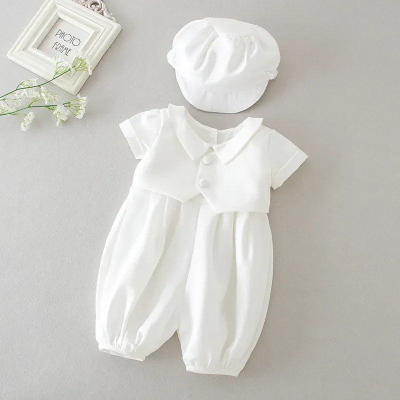 Beige / 3M Ivory Baby Baptism Jumpsuit with Hat