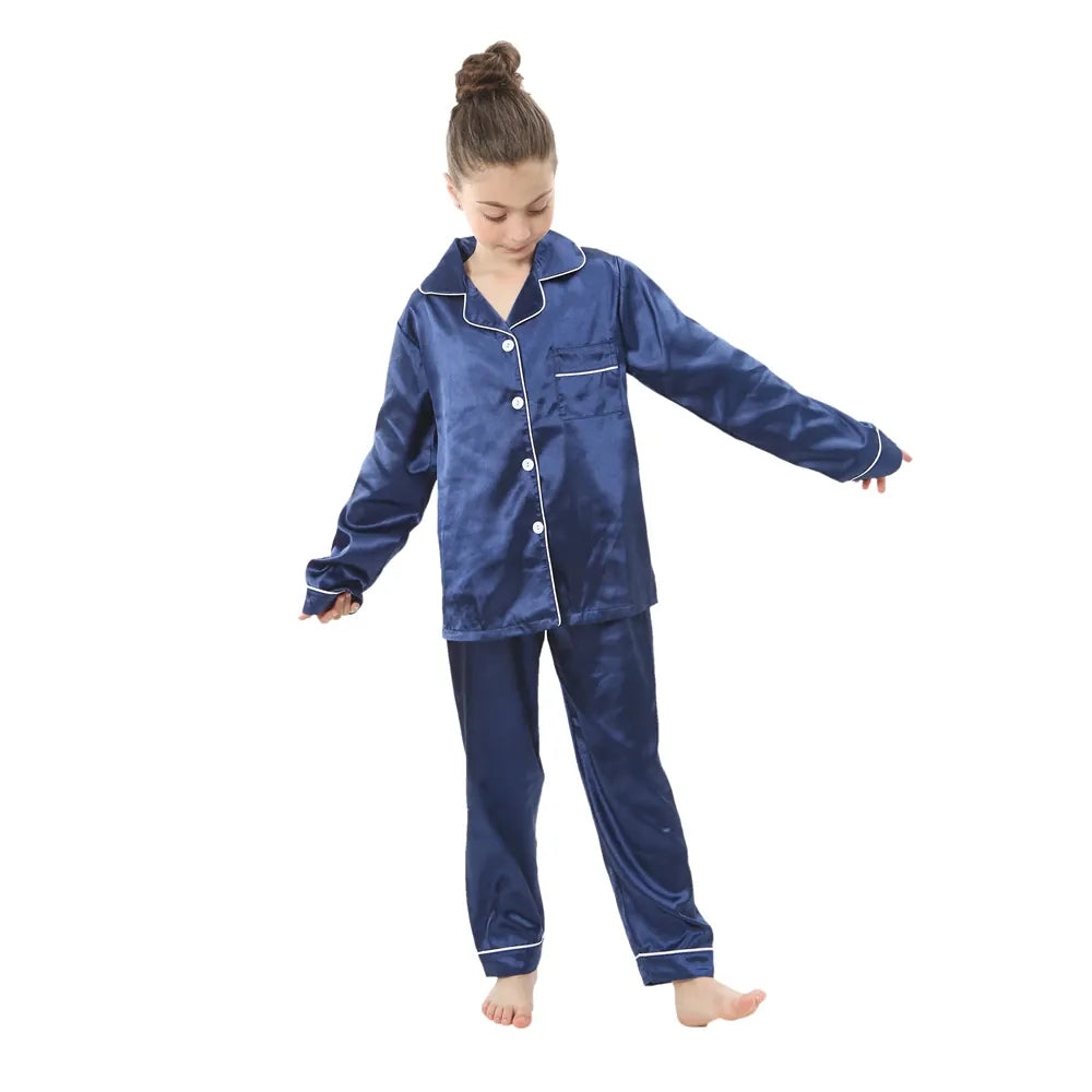 Navy Long Sleeve Satin Pajamas / 3-4T Kids' Silky Satin Pajamas