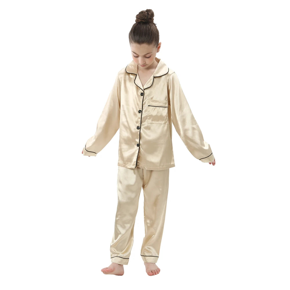 Champagne Long Sleeve Satin Pajamas / 3-4T Kids' Silky Satin Pajamas