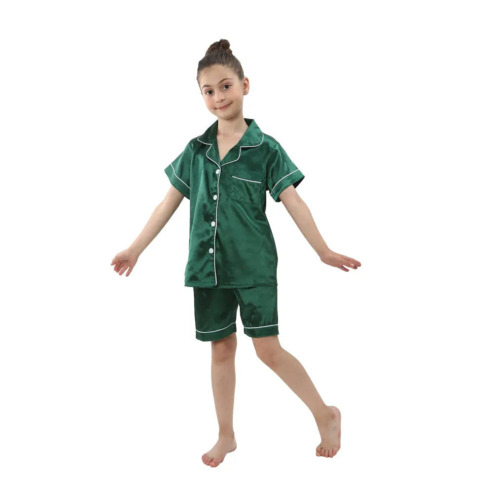 Green Short Sleeve Satin Pajamas / 3-4T Kids' Silky Satin Pajamas