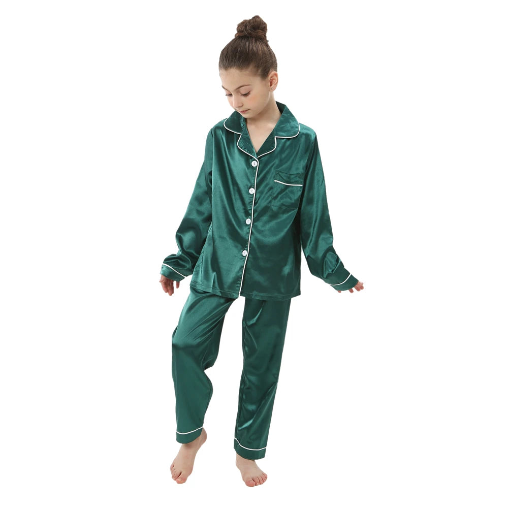 Green Long Sleeve Satin Pajamas / 3-4T Kids' Silky Satin Pajamas