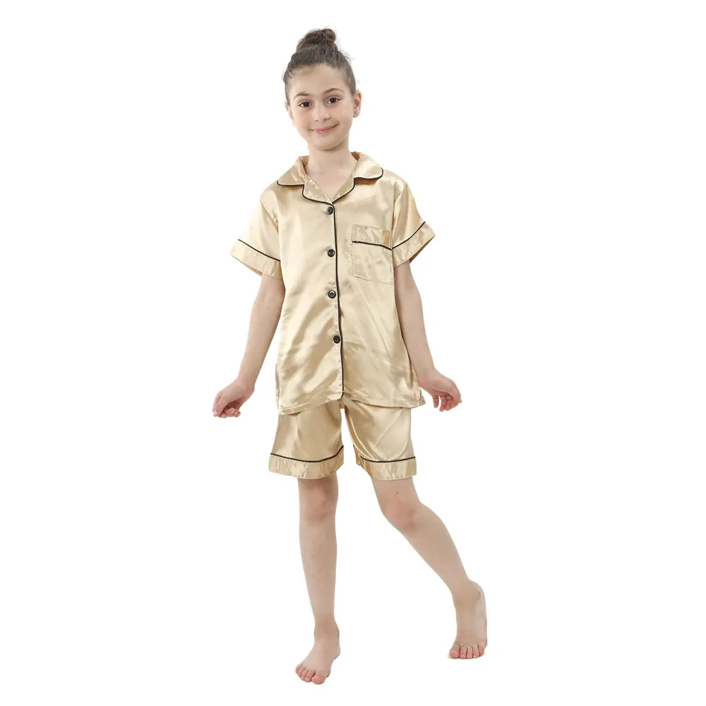 Champagne Short Sleeve Satin Pajamas / 3-4T Kids' Silky Satin Pajamas