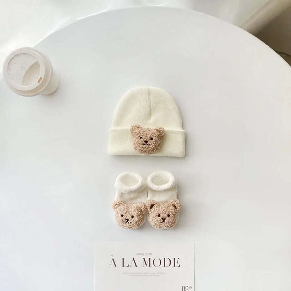 Ivory Animal Set / 0-12M Knitted Beanie &amp; Sock Set for Newborns