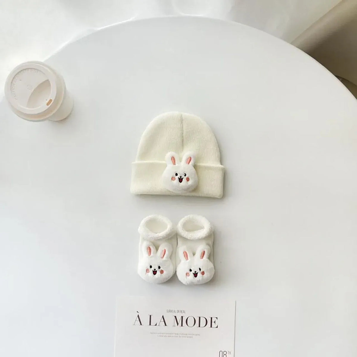 Cream Bunny Set / 0-12M Knitted Beanie &amp; Sock Set for Newborns