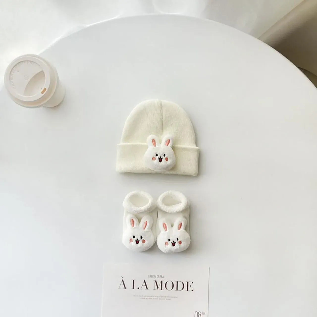 Cream Bunny Set / 0-12M Knitted Beanie & Sock Set for Newborns