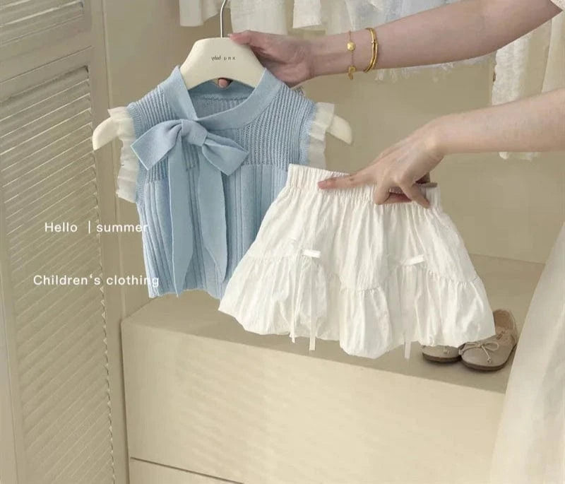Top Skirt Set / 2-3T Knitted Bow Top and Ruffle Skirt Set