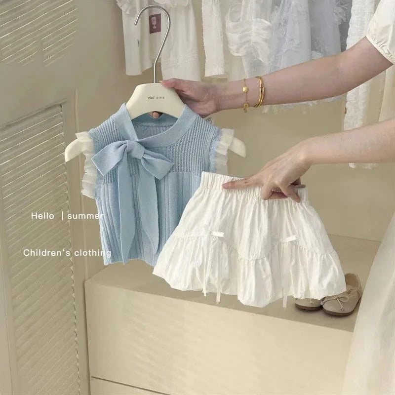 Knitted Bow Top and Ruffle Skirt Set