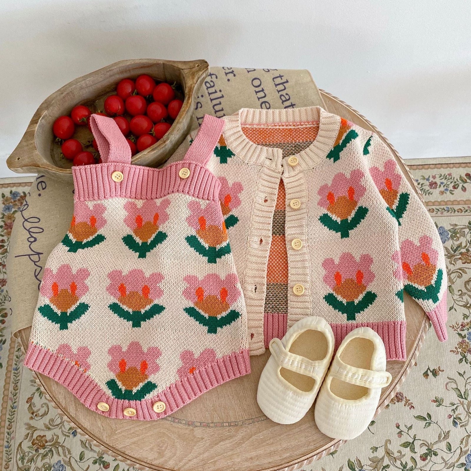 Knitted Sweater Flower Coat Romper Suit