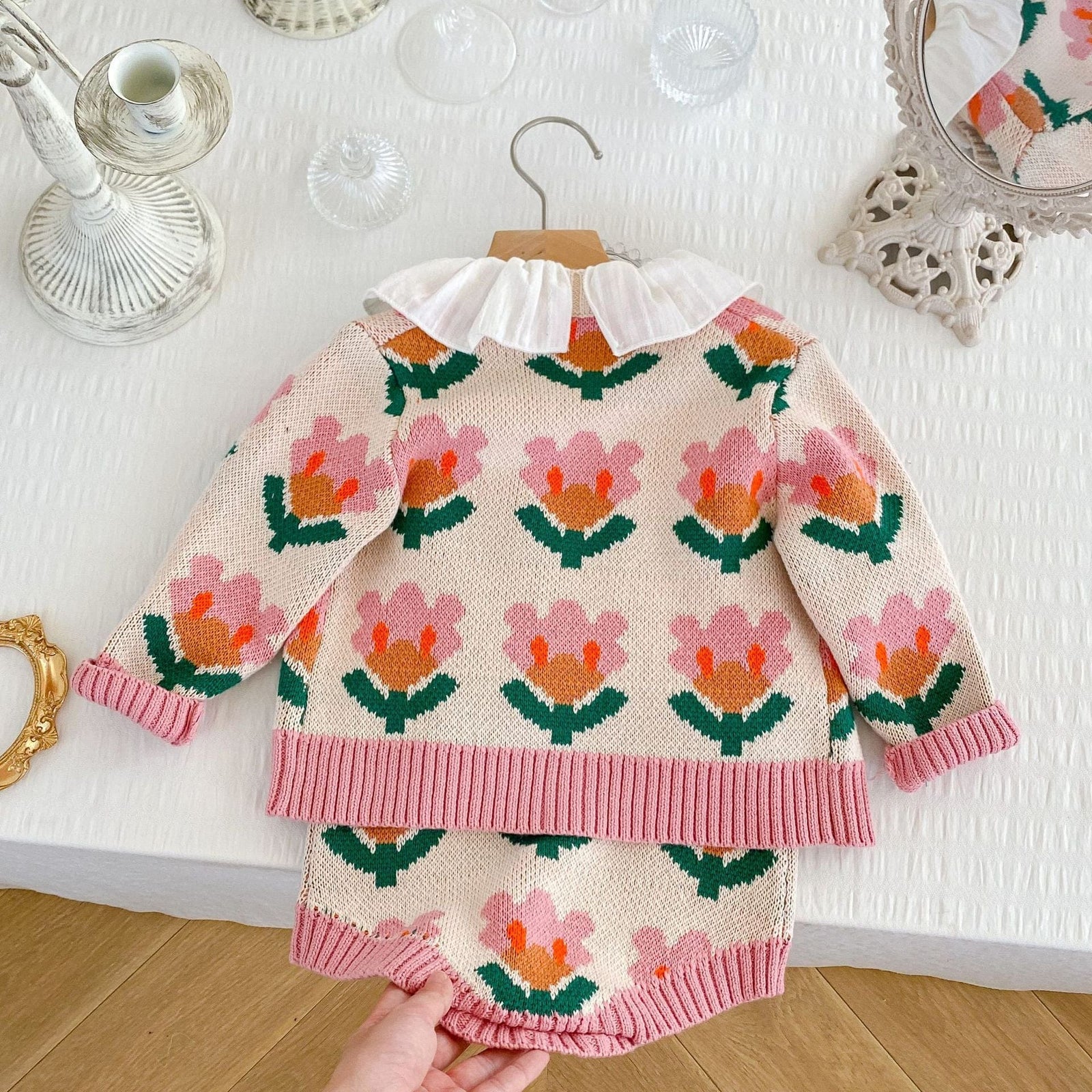 Knitted Sweater Flower Coat Romper Suit