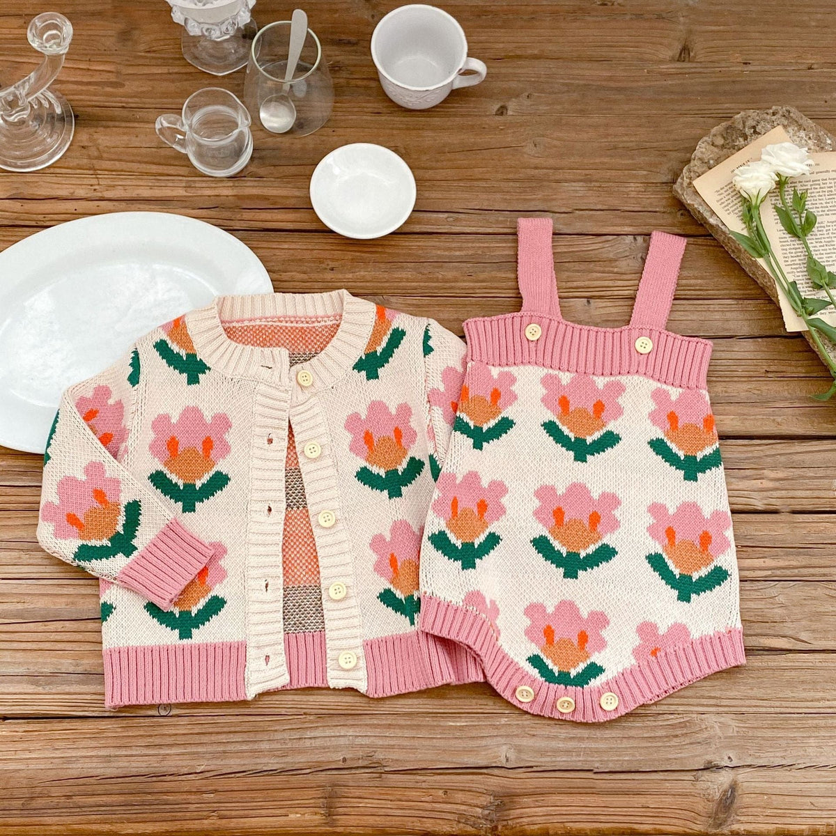 Knitted Sweater Flower Coat Romper Suit
