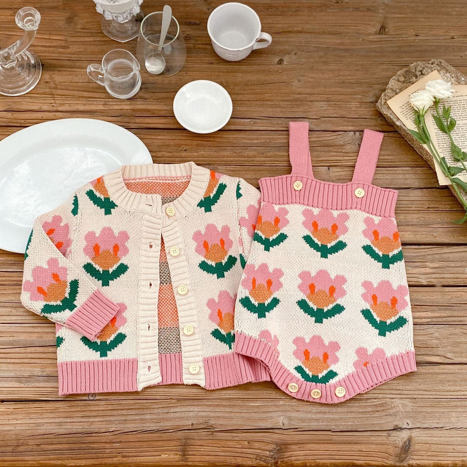 Knitted Sweater Flower Coat Romper Suit