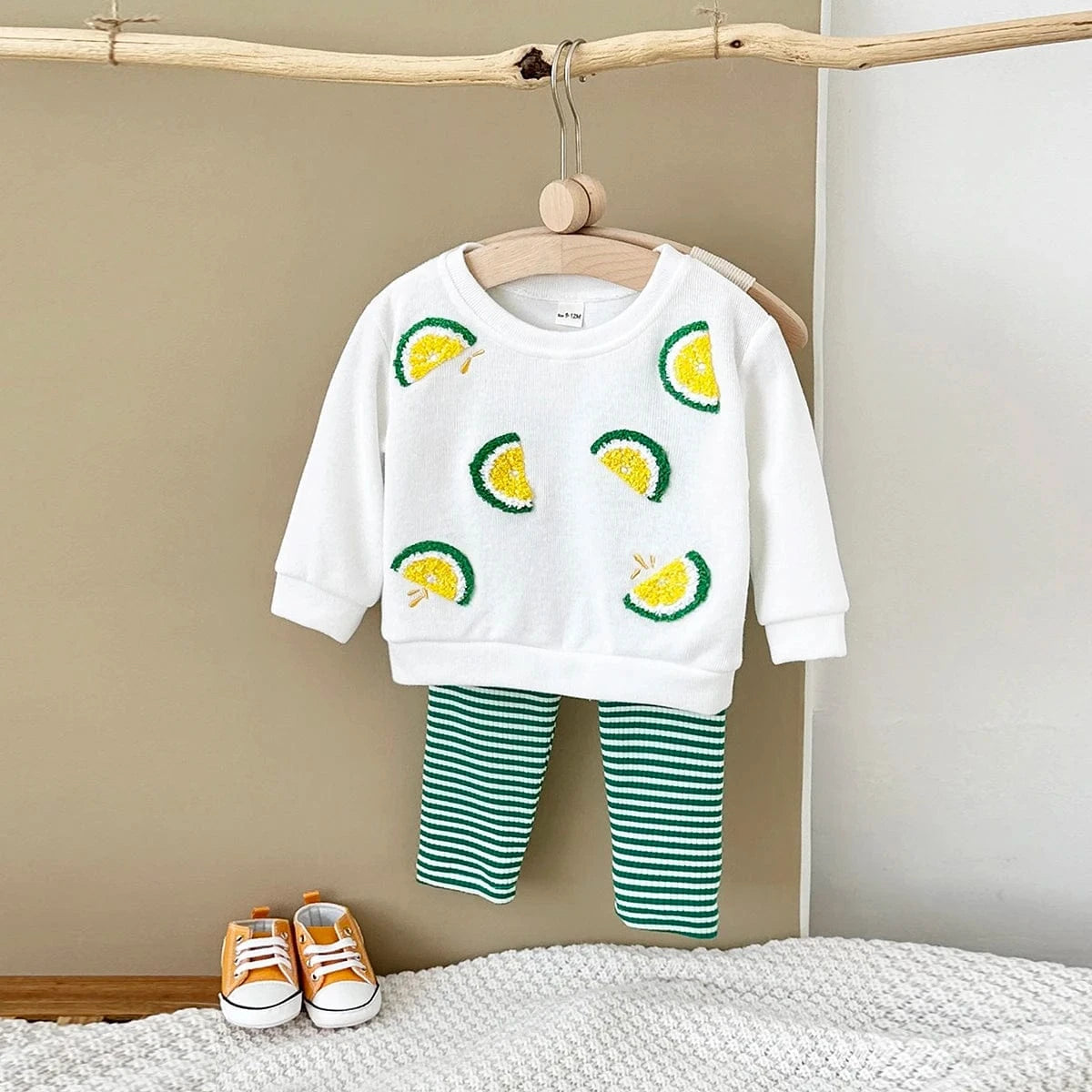 Boy's Clothing Lemon Embroidered Sweatshirt and Striped Pants Set