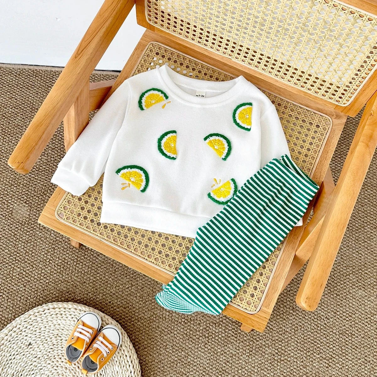 Boy's Clothing Lemon Embroidered Sweatshirt and Striped Pants Set