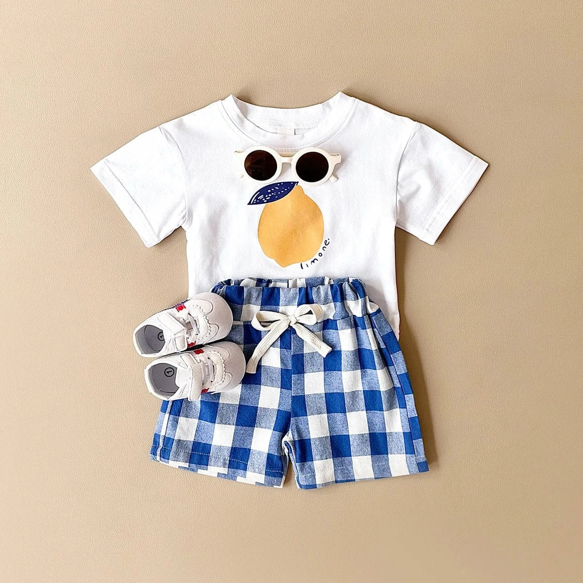 Blue / 6-9M Lemon Print T-Shirt and Checkered Shorts Set