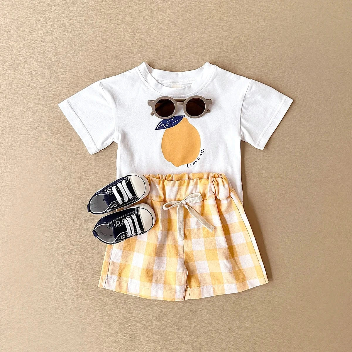 Yellow / 6-9M Lemon Print T-Shirt and Checkered Shorts Set