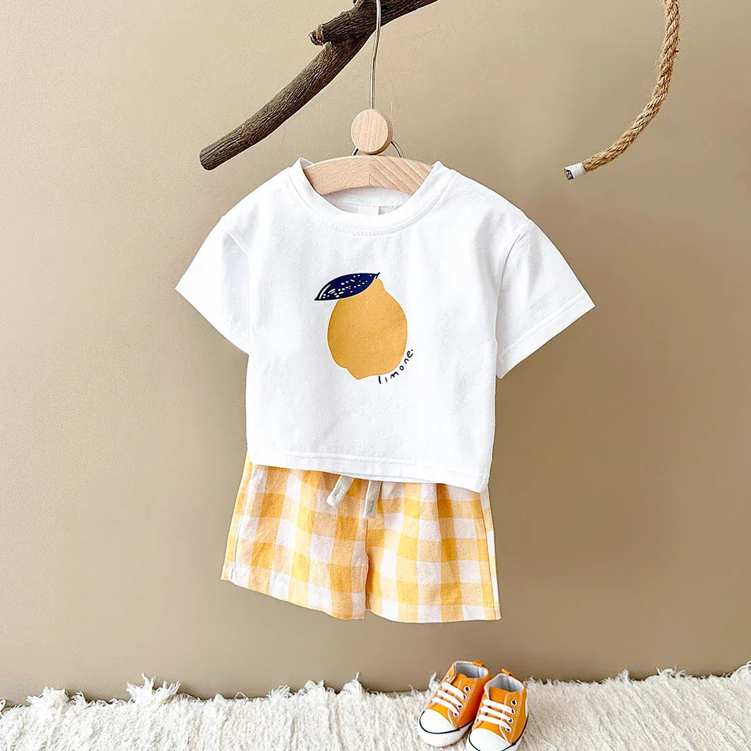Lemon Print T-Shirt and Checkered Shorts Set