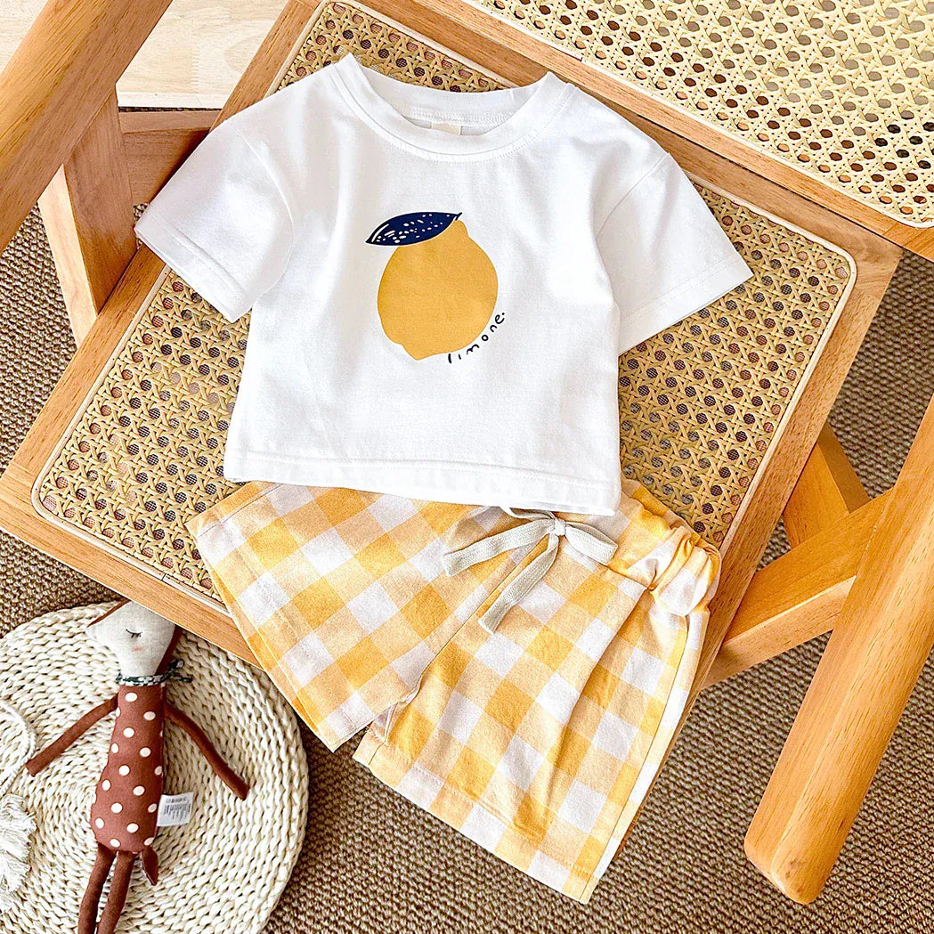 Lemon Print T-Shirt and Checkered Shorts Set