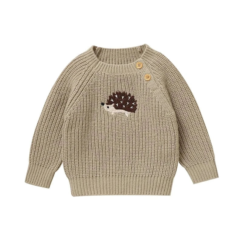 Khaki / 6-9M Little Hedgehog Embroidered Knit Sweater