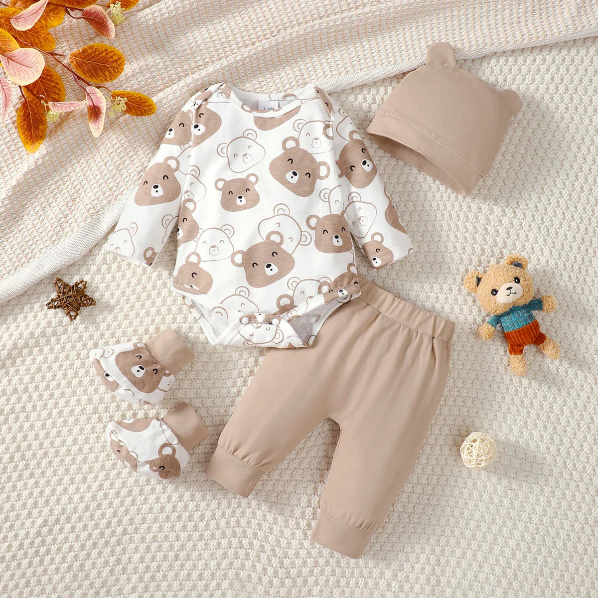 Beige Bear Set / 0-1M Long Sleeve Bear Baby Bodysuit Set