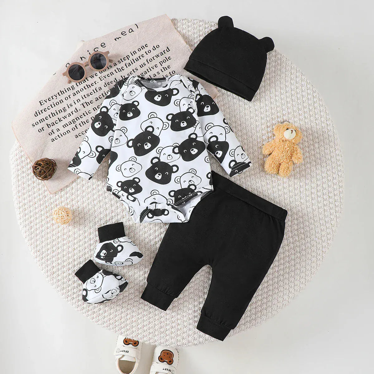 Black Panda Set / 0-1M Long Sleeve Bear Baby Bodysuit Set