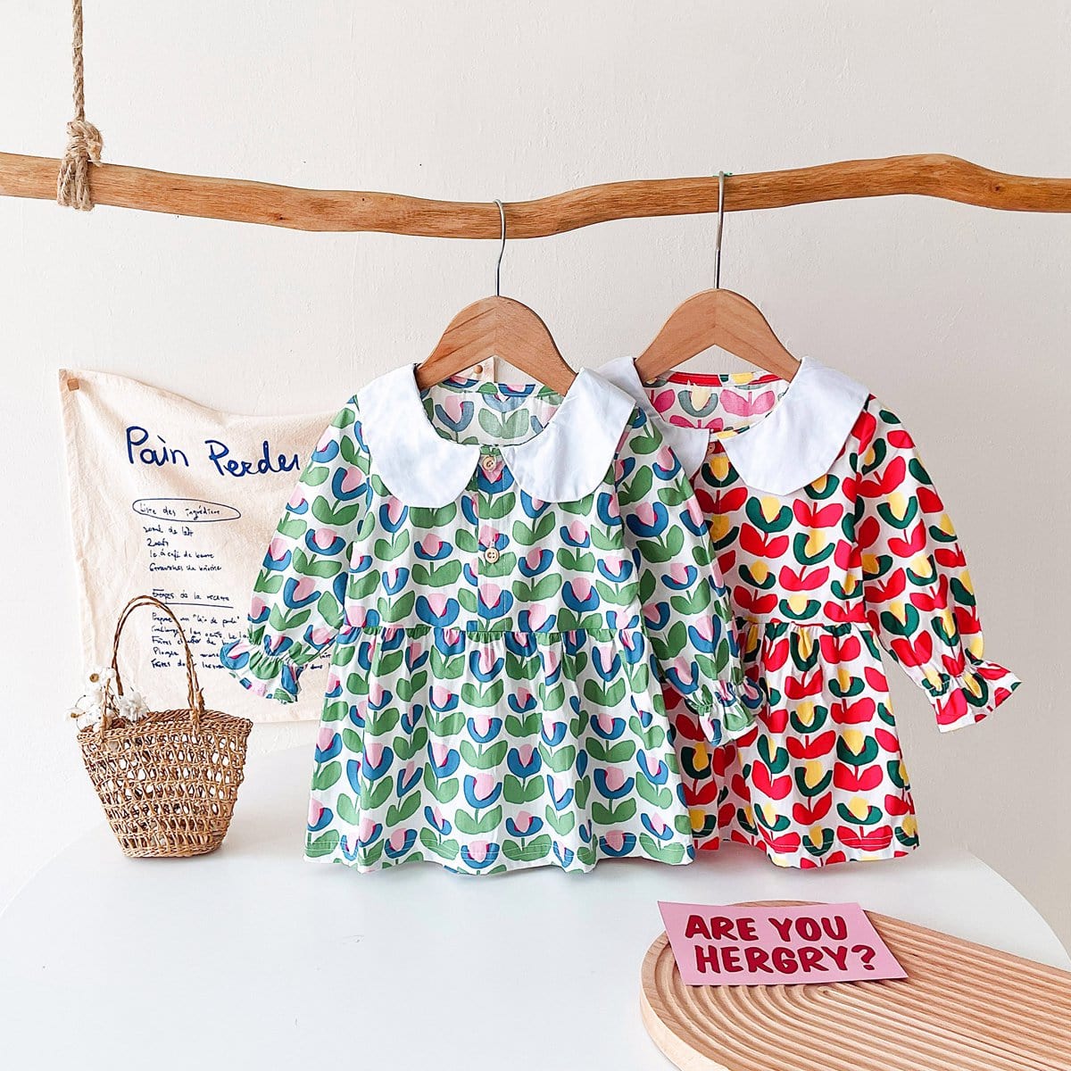 long sleeve toddler easter dress Peter Pan Collar Long Sleeve Floral Dress, Red / 12-18M