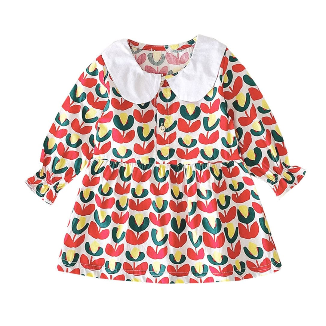 Peter Pan Collar Long Sleeve Floral Dress, Red / 6-12M