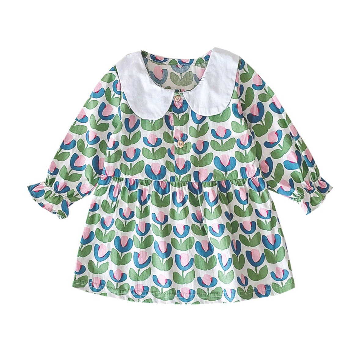 toddler easter dress long sleeve Peter Pan Collar Long Sleeve Floral Dress, Green / 18-24M
