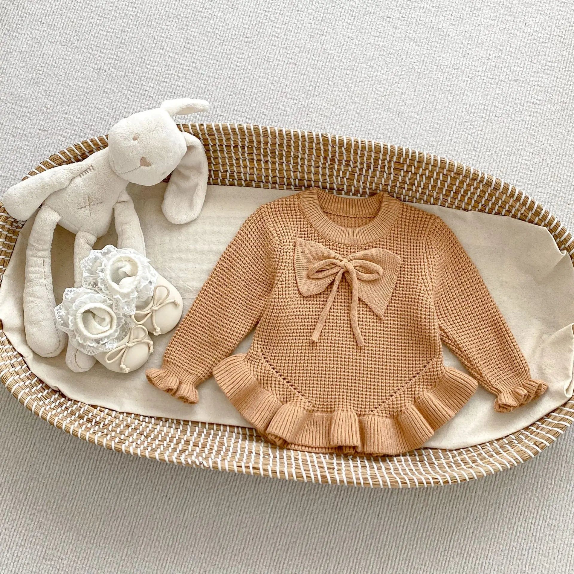 Baby Girl Knitted Sweater Dress with Bow, Brown / 9M Baby Girl Knitted Sweater Dress with Bow, Brown / 9M