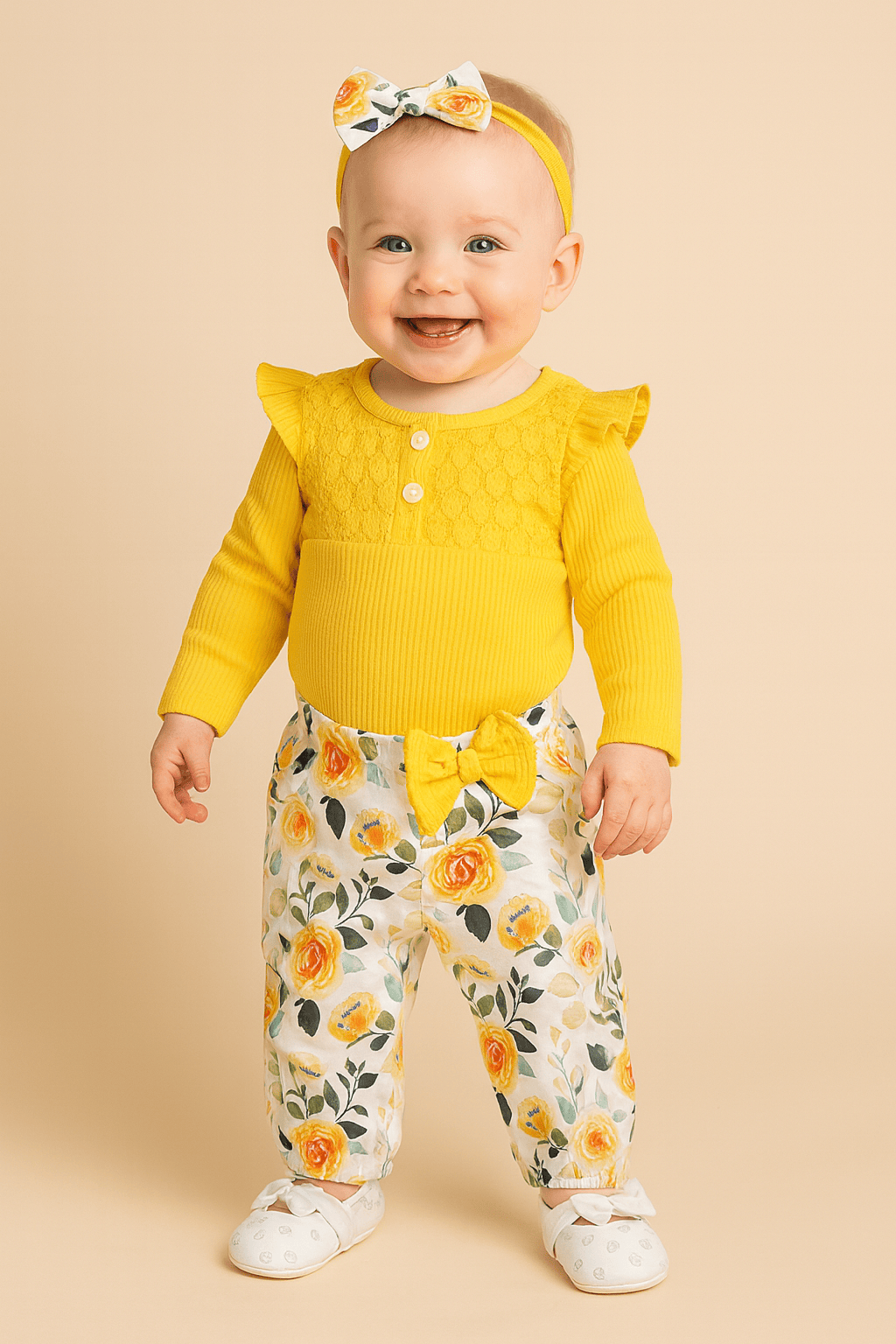 Long Sleeve Romper, Floral Pants and Headband Set