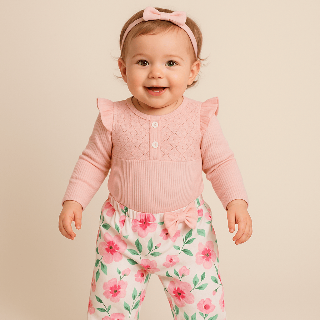 Long Sleeve Romper, Floral Pants and Headband Set